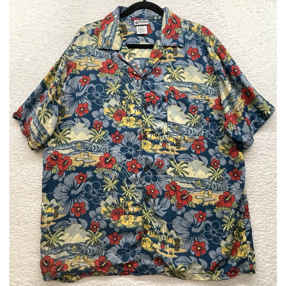 Disney Parks Authentic Shirt Mens Large Tiki Hawaiian Mickey Pluto Surf Floral - Picture 1 of 11